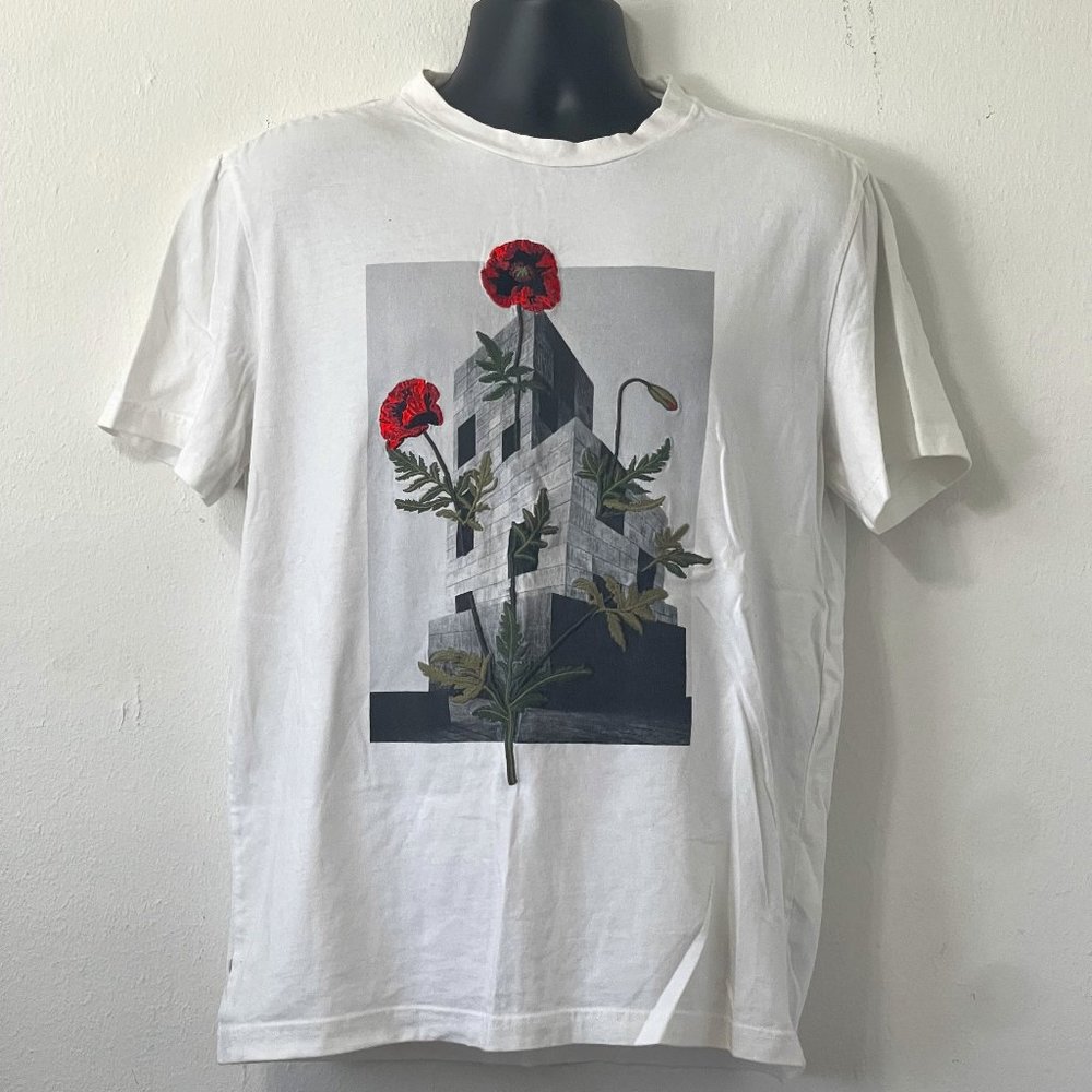 Embroidered Rose Dark Castle Design In White And Gray With Pops Of Red